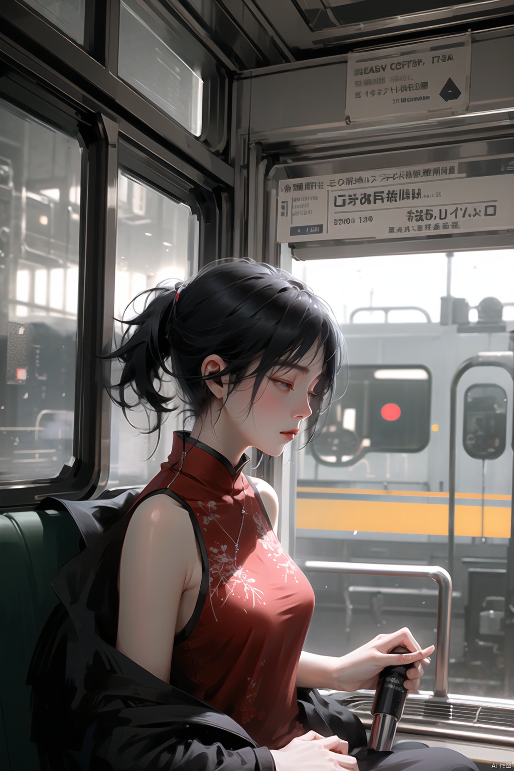  A Chinese girl leans against the door of a train, her eyes closed as she listens to music through her headphones. The train is passing through a city at night, and the city lights flicker in the window behind her. Her face is serene, a contrast to the bustling world outside. The scene captures a moment of personal tranquility amidst the urban chaos.