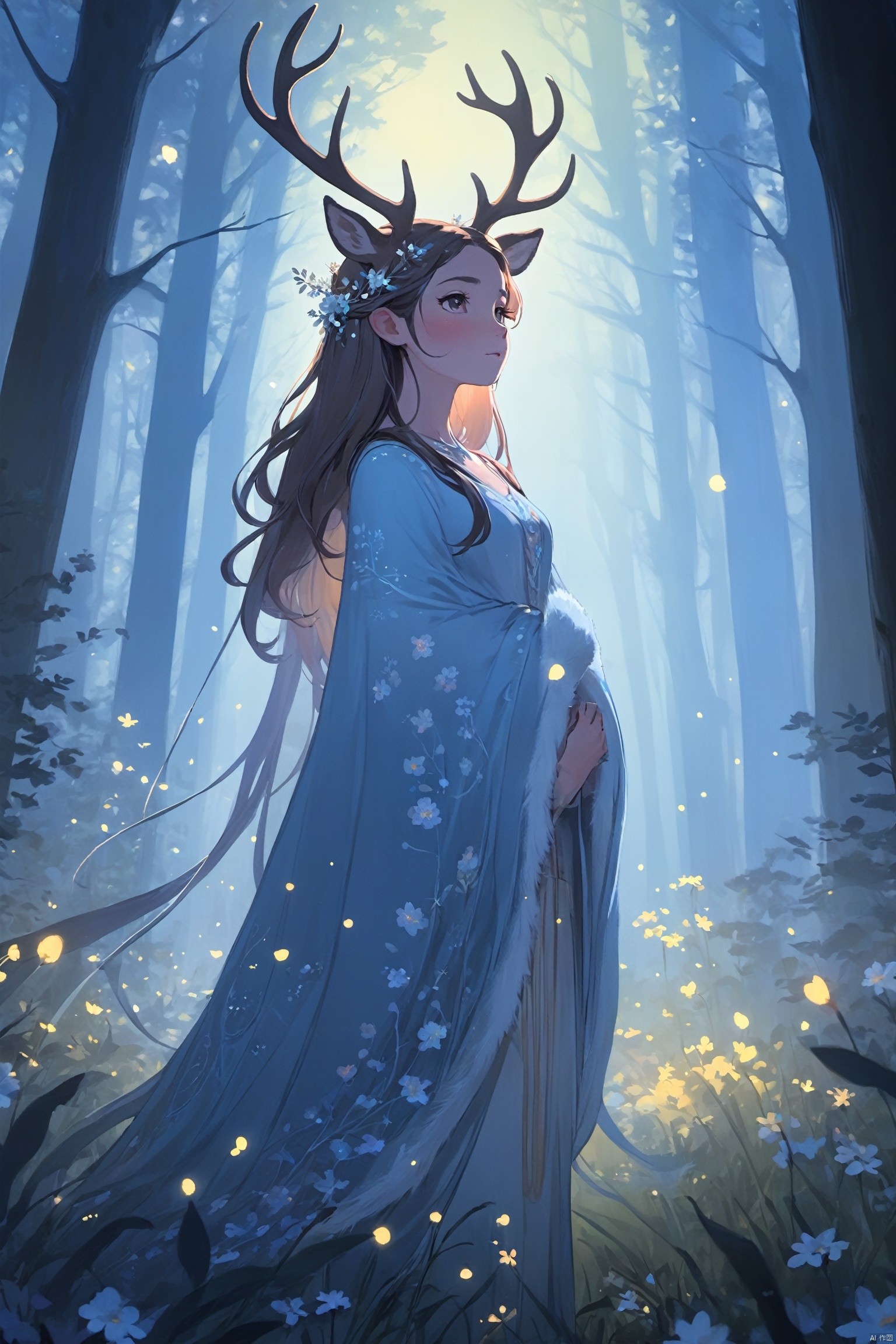 A character with the features of a deer, her antlers adorned with flowers, stands in a forest clearing at twilight. The soft, blue light of the evening sky filters through the trees, casting a cool, ethereal glow on her face and the delicate patterns on her fur. The forest is quiet, and the light creates a peaceful ambiance as she gazes into the distance.