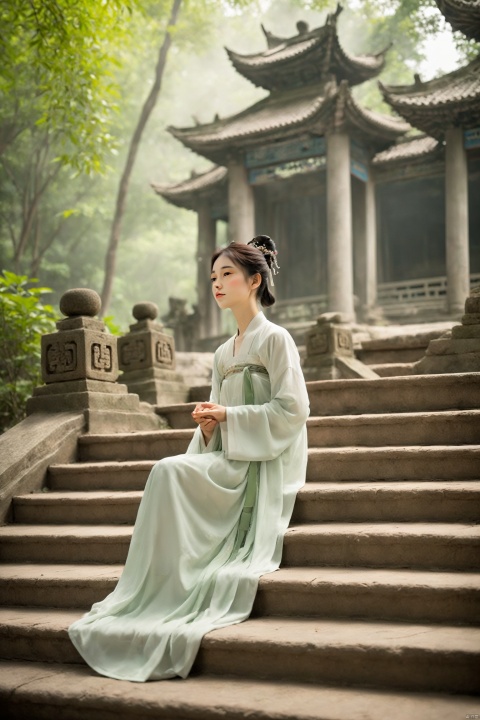 A Chinese girl sits on the steps of an ancient temple, her hands folded in her lap. The temple is surrounded by a lush, green forest, and the air is filled with the scent of incense and the sound of distant chanting. She is lost in thought, her face a picture of serenity, as if finding solace in the sacred space. The scene is a moment of spiritual tranquility, a retreat into the peace of the temple., hanfu