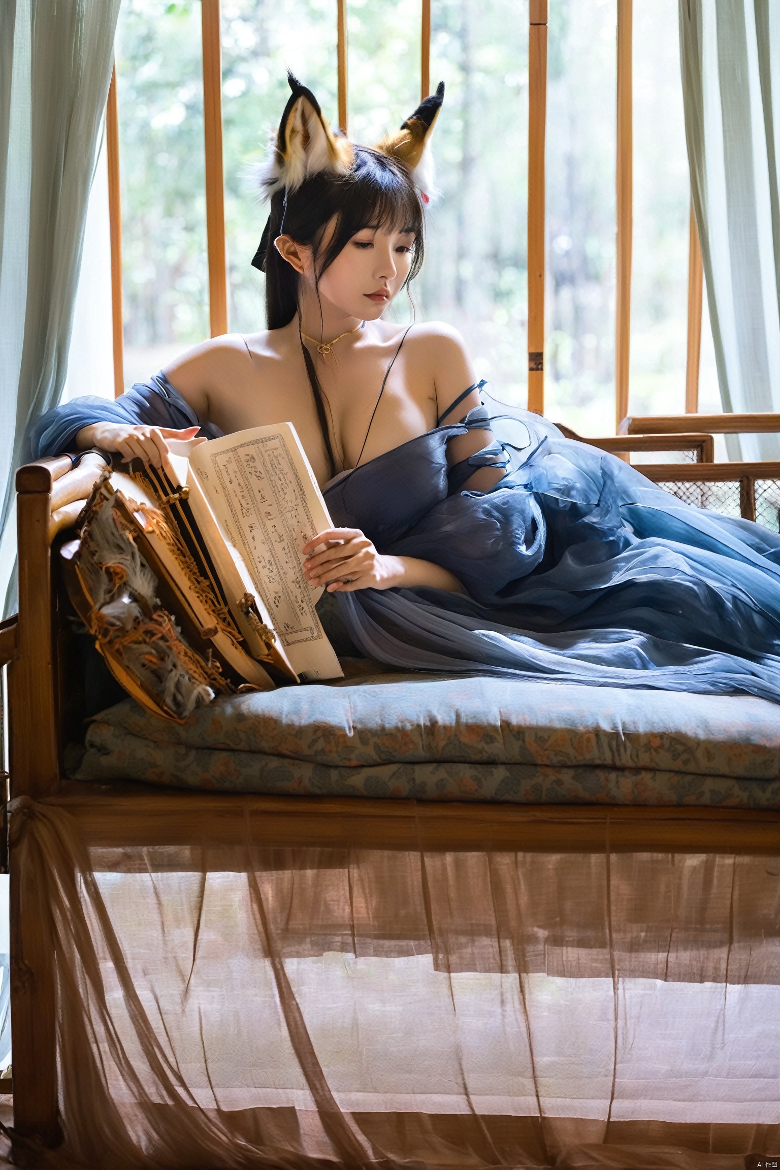A fox spirit sits on a couch by the window, holding a Bamboo Book. She wears a blue off-shoulder long dress, the hem falling to her arms, revealing her fox ears and a snippet of her tail. Her gaze is focused and profound, but an unintentional sensuality and allure leak through, making it hard for onlookers to look away.aa