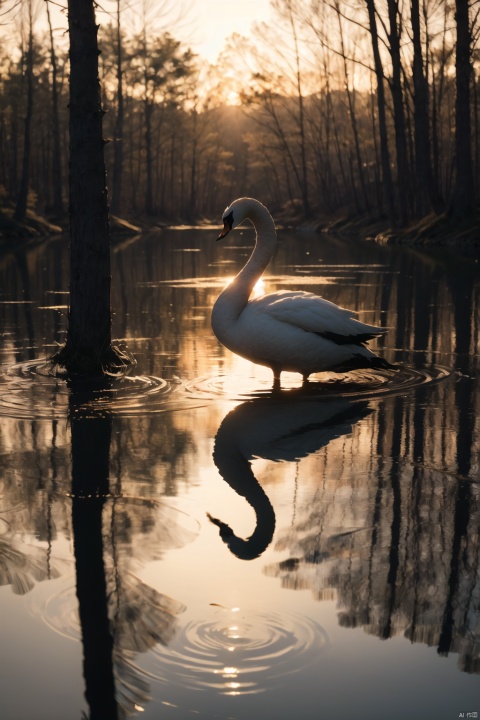  reallistaic art style,By a tranquil lake, the afterglow of the setting sun casts a golden path on the water's surface. The silhouettes of trees are sharply defined against the light, their shadows dancing gently. On the lake, a solitary swan glides gracefully, its reflection rippling on the water.
