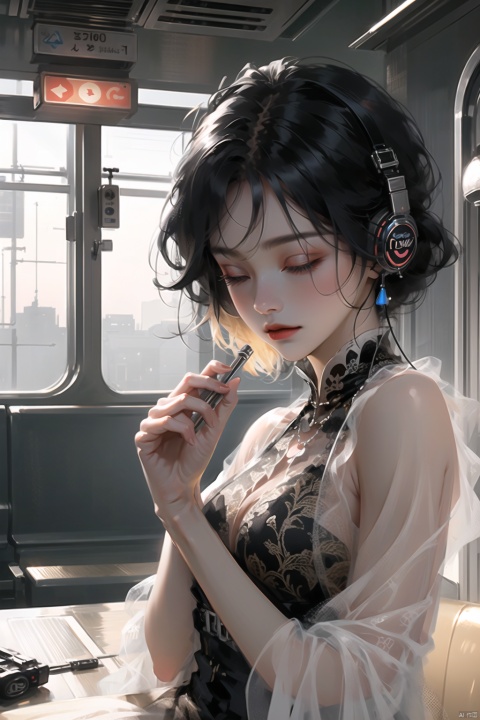  A Chinese girl leans against the door of a train, her eyes closed as she listens to music through her headphones. The train is passing through a city at night, and the city lights flicker in the window behind her. Her face is serene, a contrast to the bustling world outside. The scene captures a moment of personal tranquility amidst the urban chaos.