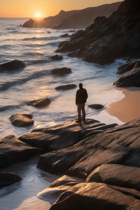A lone traveler stands on a rocky shore, watching the sun dip below the horizon. The light from the setting sun casts a long shadow, and the waves crash against the rocks, creating a rhythmic symphony of nature.