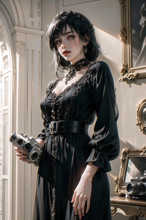 A female model stands in a vintage-themed room, wearing a lace-trimmed black dress that contrasts sharply with the antique furniture. A hint of mystery shines in her eyes, and the vintage camera in her hand serves as a medium for her conversation with the past. The photographer skillfully uses light and shadow to create an atmosphere of time interplay.