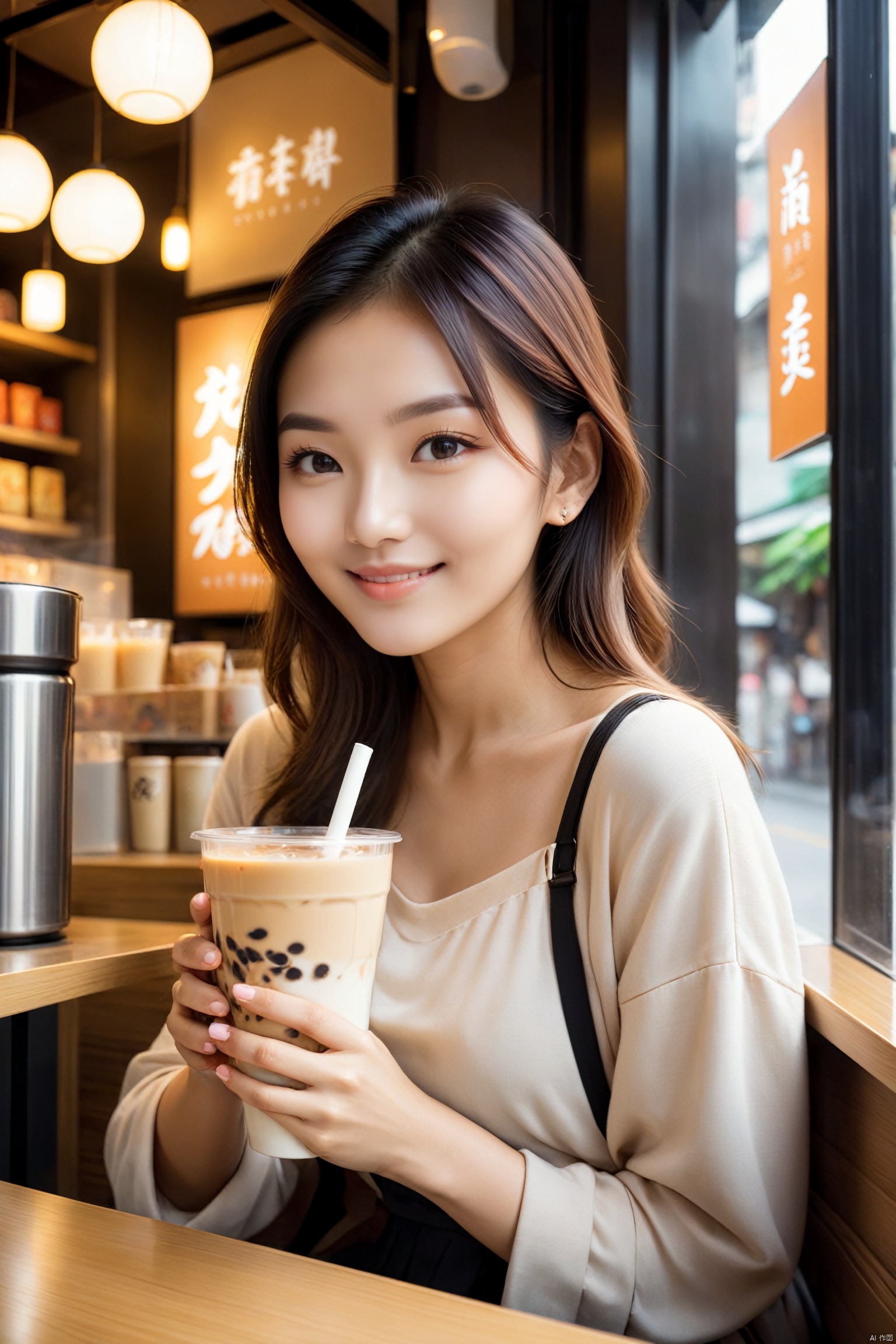 A young woman in her early twenties sits in a modern milk tea shop, holding a steaming cup of milk tea in her hands. Her eyes show a hint of contentment as she occasionally glances out the window, where the street scene creates a dynamic canvas on the glass. The soft lighting inside the shop mingles with the aroma of the milk tea, creating a relaxed and joyful atmosphere. She gently blows on the milk tea, sipping it with care, as if savoring a small but certain happiness of her own.