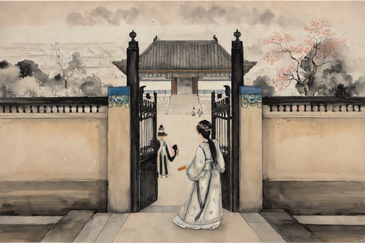 traditional chinese inkpainting,blackandwhiteinkpainting,A young woman, dressed in resplendent court attire, slowly approaches the grand palace gates. Her skirt gently sways with each step, each movement exuding a sense of solemnity and grace. The palace gates tower into the sky, their golden doors gleaming with a dazzling radiance under the sunlight. The wide stone steps leading up to the gates are solemn and majestic, flanked by exquisitely carved stone lions, as if guarding the symbol of power. Her eyes sparkle with anticipation and reverence, as if she is about to step into a world filled with legends and glory., traditional chinese ink painting,black and white ink painting,willow branches