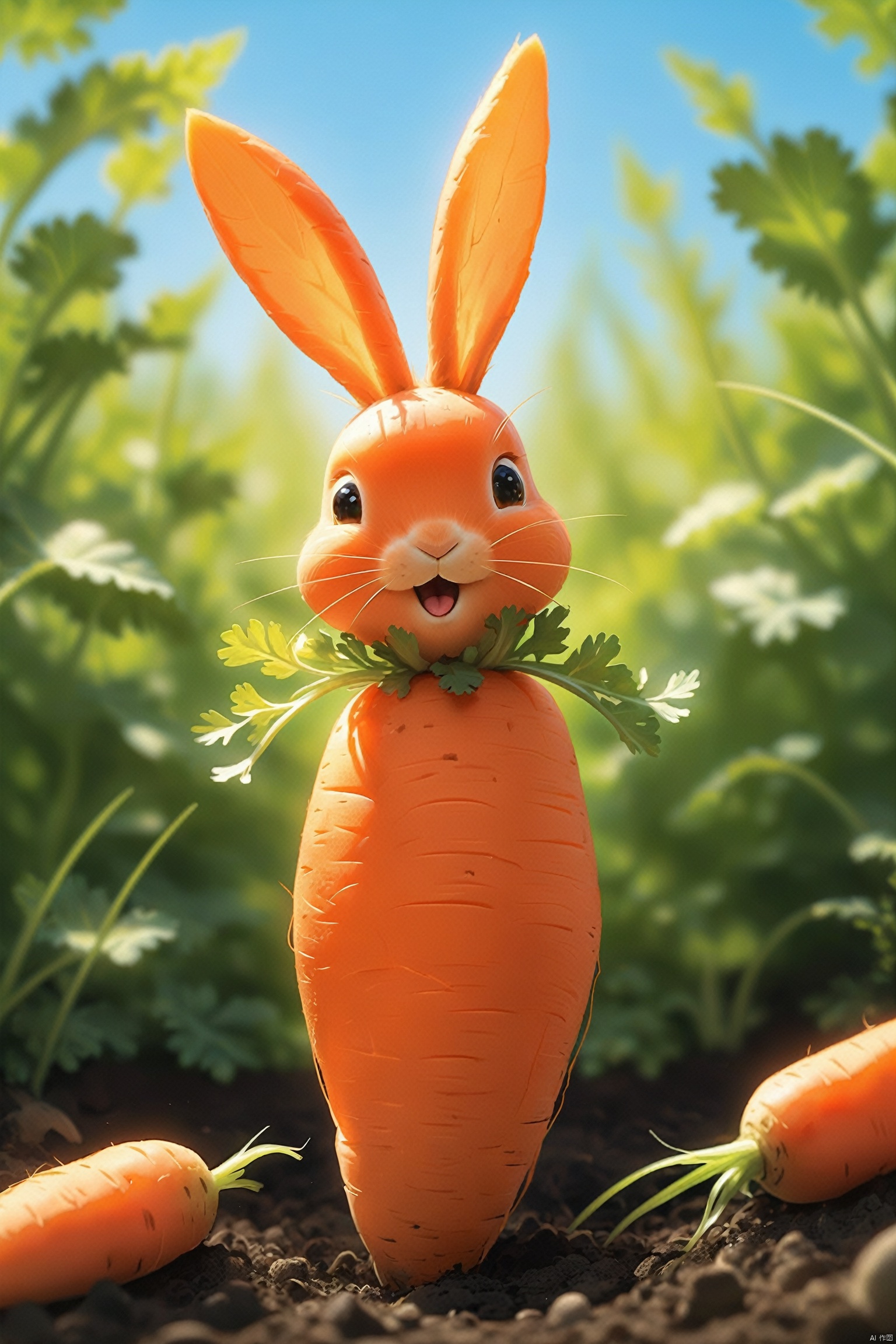 A carrot grows out of the soil with a distinctive shape; its top splits into two prongs, resembling the long ears of a rabbit. The carrot's body takes on a charmingly curved form, akin to the roundness of a rabbit's physique. The entire surface of the carrot is smooth, with the orange-red skin appearing particularly vibrant under the sunlight, and the textures reveal the natural vitality. This carrot, shaped like a rabbit, becomes a unique spectacle in the garden with its quaint appearance.