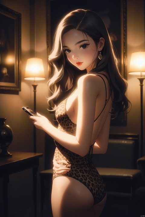  Faded Polaroid photo, medium shot, a girl in leopard print lingerie stands in a dimly lit room. Her gaze is flirtatious, her posture elegant, and her long hair casually draped. Her hand lightly rests on her waist, while the other holds a phone, as if capturing a daring selfie. The room's lights are dim and ethereal, casting a play of light and shadow on her that adds an air of mystery and sensuality to the scene.