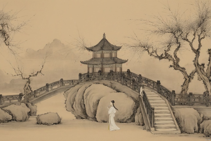 traditional chinese inkpainting,blackandwhiteinkpainting,A young woman, dressed in resplendent court attire, slowly approaches the grand palace gates. Her skirt gently sways with each step, each movement exuding a sense of solemnity and grace. The palace gates tower into the sky, their golden doors gleaming with a dazzling radiance under the sunlight. The wide stone steps leading up to the gates are solemn and majestic, flanked by exquisitely carved stone lions, as if guarding the symbol of power. Her eyes sparkle with anticipation and reverence, as if she is about to step into a world filled with legends and glory., traditional chinese ink painting,black and white ink painting,willow branches,willow tree in background