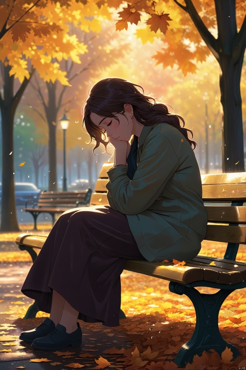 On a park bench, a young woman curls up, hugging her knees, with tears streaking her cheeks. The surrounding trees sway in the wind, and the fallen leaves appear particularly vibrant after the rain. Her silhouette on the bench is exceptionally lonely, as if the world is keeping its distance from her.