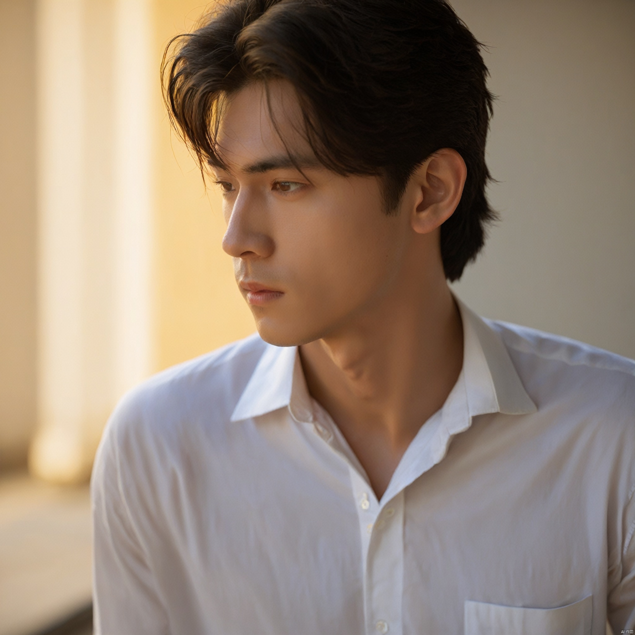 A young man with a firm and deep gaze, as if he can see into the soul. His hair is neatly combed, revealing a clear profile. He wears a simple shirt with the collar slightly open, exuding a casual charm. Sunlight casts a warm shadow on his face from the side, making him appear mature and charming.