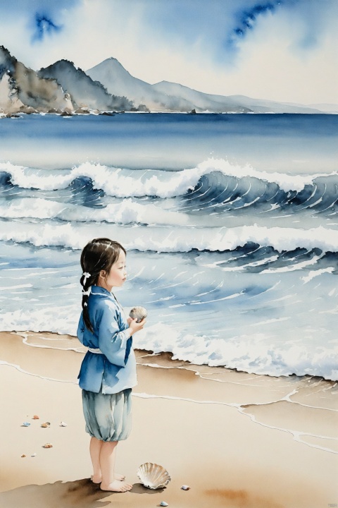  traditional chinese ink painting,A little lovely girl on the beach by the sea, holds a seashell in her hand, intently listening to the sound of the waves. Behind her is a vast expanse of blue ocean, with waves gently lapping the shore, creating a harmonious scene with the girl's tranquility.