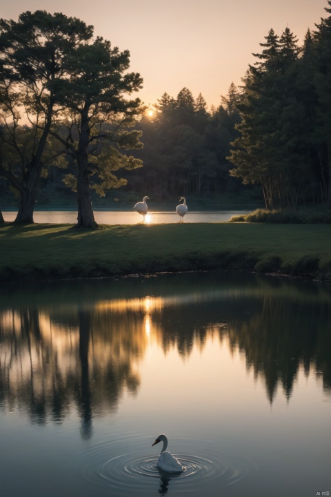  reallistaic art style,By a tranquil lake, the afterglow of the setting sun casts a golden path on the water's surface. The silhouettes of trees are sharply defined against the light, their shadows dancing gently. On the lake, a solitary swan glides gracefully, its reflection rippling on the water.
