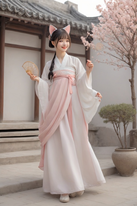 A catgirl in Hanfu stands in an antique courtyard, her cat ears and tail complementing the elegance of the traditional attire. She holds a folding fan in her hand, a sweet smile on her face, as if awaiting a spring rendezvous. The skirt of the Hanfu sways gently with the breeze, harmoniously blending with her catgirl traits.