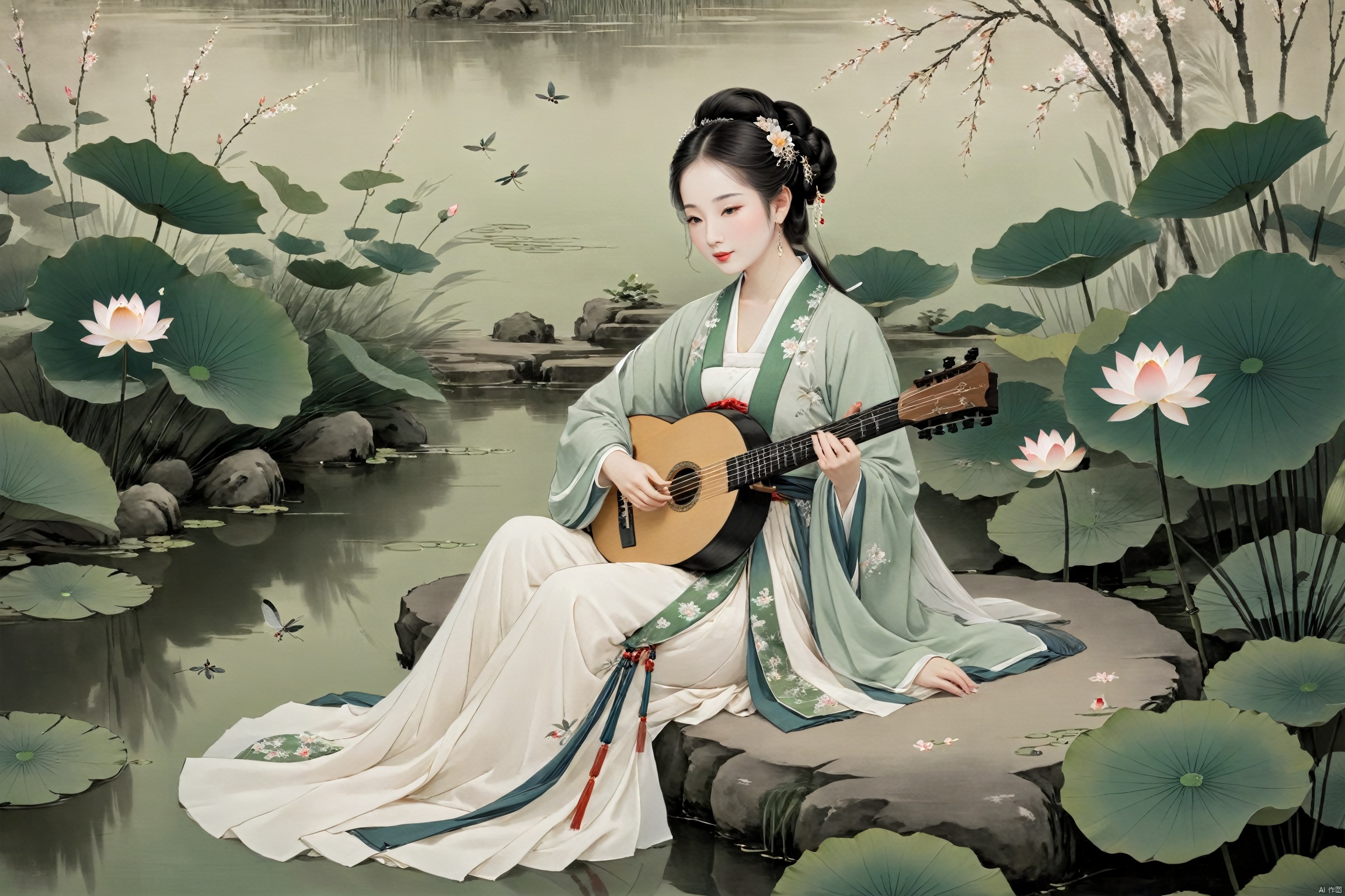 The woman, dressed in traditional Hanfu, sits on a green stone by the pond, gently strumming her biwa lute. The blooming lotus flowers and darting dragonflies complement the melodious notes of the pipa, creating a harmonious scene of movement and stillness., traditional chinese ink painting,black and white ink painting,willow branches