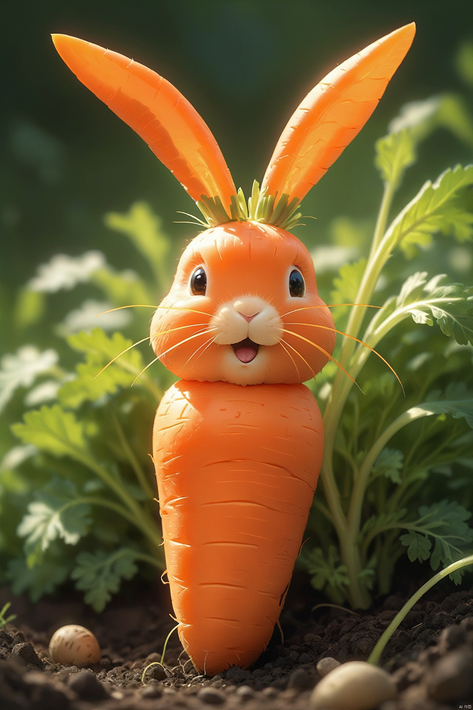 A carrot grows out of the soil with a distinctive shape; its top splits into two prongs, resembling the long ears of a rabbit. The carrot's body takes on a charmingly curved form, akin to the roundness of a rabbit's physique. The entire surface of the carrot is smooth, with the orange-red skin appearing particularly vibrant under the sunlight, and the textures reveal the natural vitality. This carrot, shaped like a rabbit, becomes a unique spectacle in the garden with its quaint appearance.