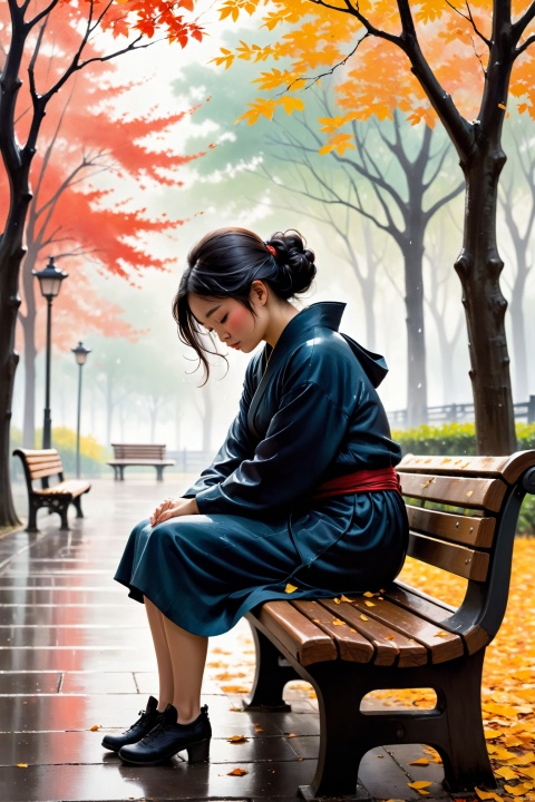 On a park bench, a young woman curls up, hugging her knees, with tears streaking her cheeks. The surrounding trees sway in the wind, and the fallen leaves appear particularly vibrant after the rain. Her silhouette on the bench is exceptionally lonely, as if the world is keeping its distance from her., traditional chinese ink painting