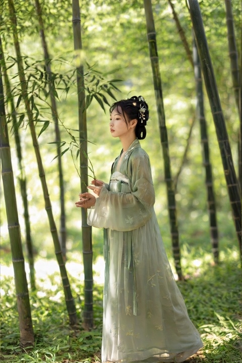 hanfu,A young Chinese woman walks through a bamboo forest, the sunlight filtering through the slender stalks, casting dappled shadows on the ground. The forest is alive with the sound of rustling leaves and the occasional chirp of a bird. She moves with a sense of calm, her presence blending harmoniously with the natural surroundings. The scene is a peaceful exploration, a moment of connection with the natural world., hanfu