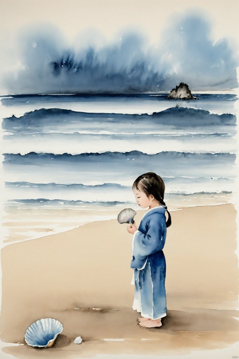  traditional chinese ink painting,A little girl on the beach by the sea, holds a seashell in her hand, intently listening to the sound of the waves. Behind her is a vast expanse of blue ocean, with waves gently lapping the shore, creating a harmonious scene with the girl's tranquility.