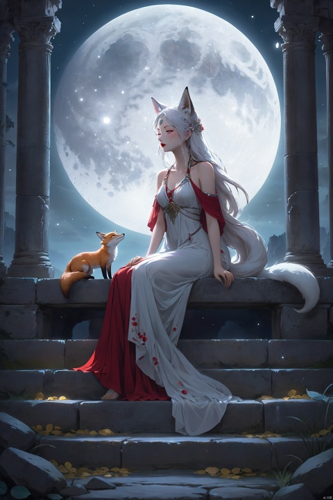 In the ancient ruins bathed in moonlight, the fox spirit sits quietly on a weathered stone step, her fox ears keenly sensitive in the still night, catching the whispers of the dark. Her tail shines with a silver luster in the moonlight, gently rising and falling with her breath. Her dress is the deep color of night, harmonizing with the mysterious atmosphere of the ruins, with the hem fluttering in the night breeze, outlining her sensual figure. Her gaze is deep and captivating, her red lips slightly parted, as if telling ancient tales. Petals fall quietly around her in the moonlight, and she appears as the goddess guarding these ruins, sensual and dignified.