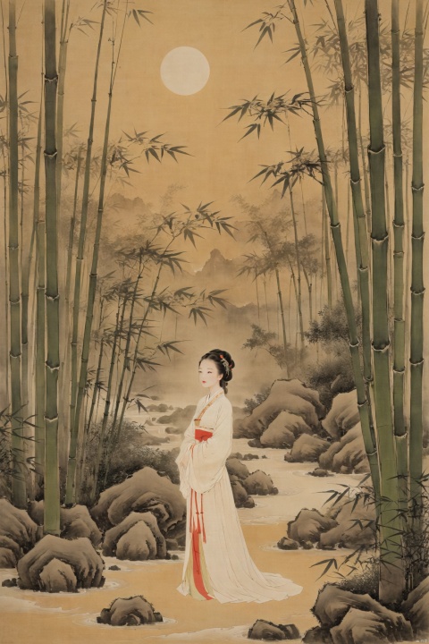 A young woman in traditional Hanfu stands quietly amidst the bamboo forest, her figure appearing particularly elegant in the tranquility of the bamboo grove. The bamboo stalks are tall and straight, their leaves rustling gently in the breeze, as if whispering secrets. Sunlight filters through the gaps in the leaves, casting dappled shadows on the woman. Deep within the bamboo grove, a golden lightning bolt streaks across, adding a touch of mystery and vitality to this serene landscape., traditional chinese ink painting