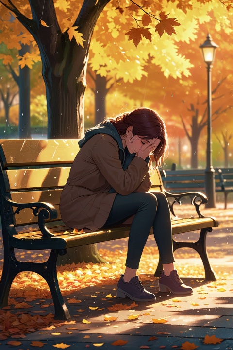 On a park bench, a young woman curls up, hugging her knees, with tears streaking her cheeks. The surrounding trees sway in the wind, and the fallen leaves appear particularly vibrant after the rain. Her silhouette on the bench is exceptionally lonely, as if the world is keeping its distance from her.