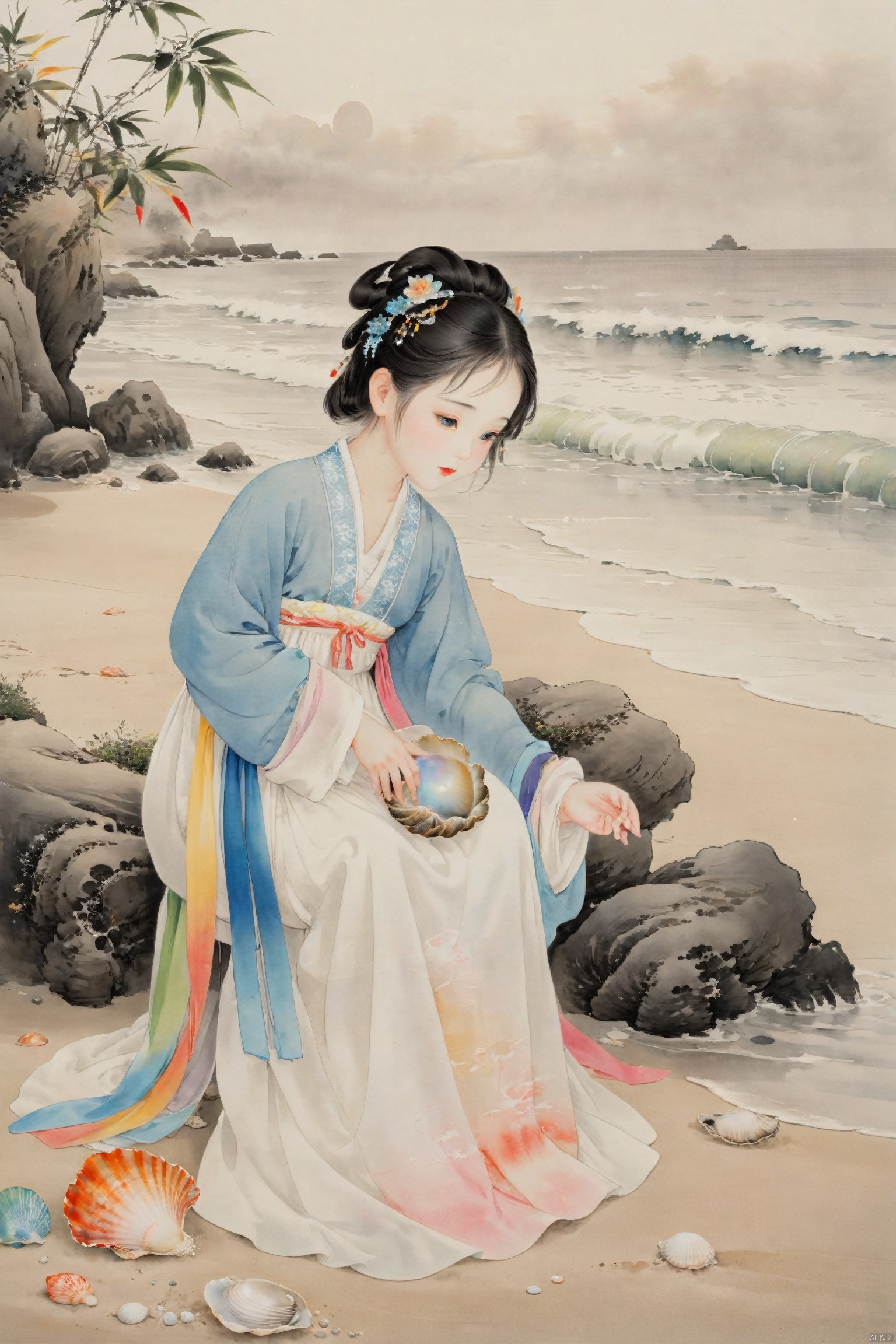 A little girl crouches on the beach, holding a colorful shell in her hands, her eyes full of wonder. Gentle waves lap at the shore, and sunlight sparkles on the sea, creating a serene and beautiful scene., traditional chinese ink painting,black and white ink painting, hanfu