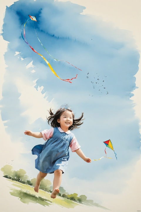  traditional chinese ink painting,On a tranquil field, a little girl flies a colorful kite. Her hair flutters gently in the breeze, and her face is filled with a smile of freedom. The kite soars in the blue sky, forming a harmonious scene with the surrounding natural landscape.