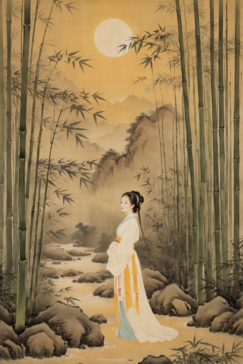 A young woman in traditional Hanfu stands quietly amidst the bamboo forest, her figure appearing particularly elegant in the tranquility of the bamboo grove. The bamboo stalks are tall and straight, their leaves rustling gently in the breeze, as if whispering secrets. Sunlight filters through the gaps in the leaves, casting dappled shadows on the woman. Deep within the bamboo grove, a golden lightning bolt streaks across, adding a touch of mystery and vitality to this serene landscape., traditional chinese ink painting
