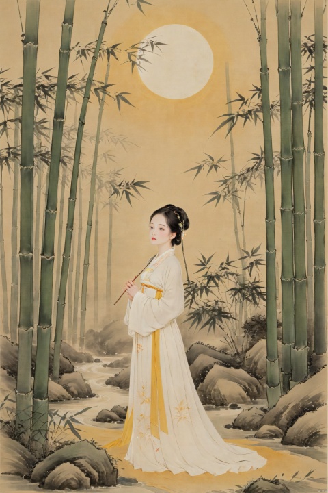 A young woman in traditional Hanfu stands quietly amidst the bamboo forest, her figure appearing particularly elegant in the tranquility of the bamboo grove. The bamboo stalks are tall and straight, their leaves rustling gently in the breeze, as if whispering secrets. Sunlight filters through the gaps in the leaves, casting dappled shadows on the woman. Deep within the bamboo grove, a golden lightning bolt streaks across, adding a touch of mystery and vitality to this serene landscape., traditional chinese ink painting, hanfu