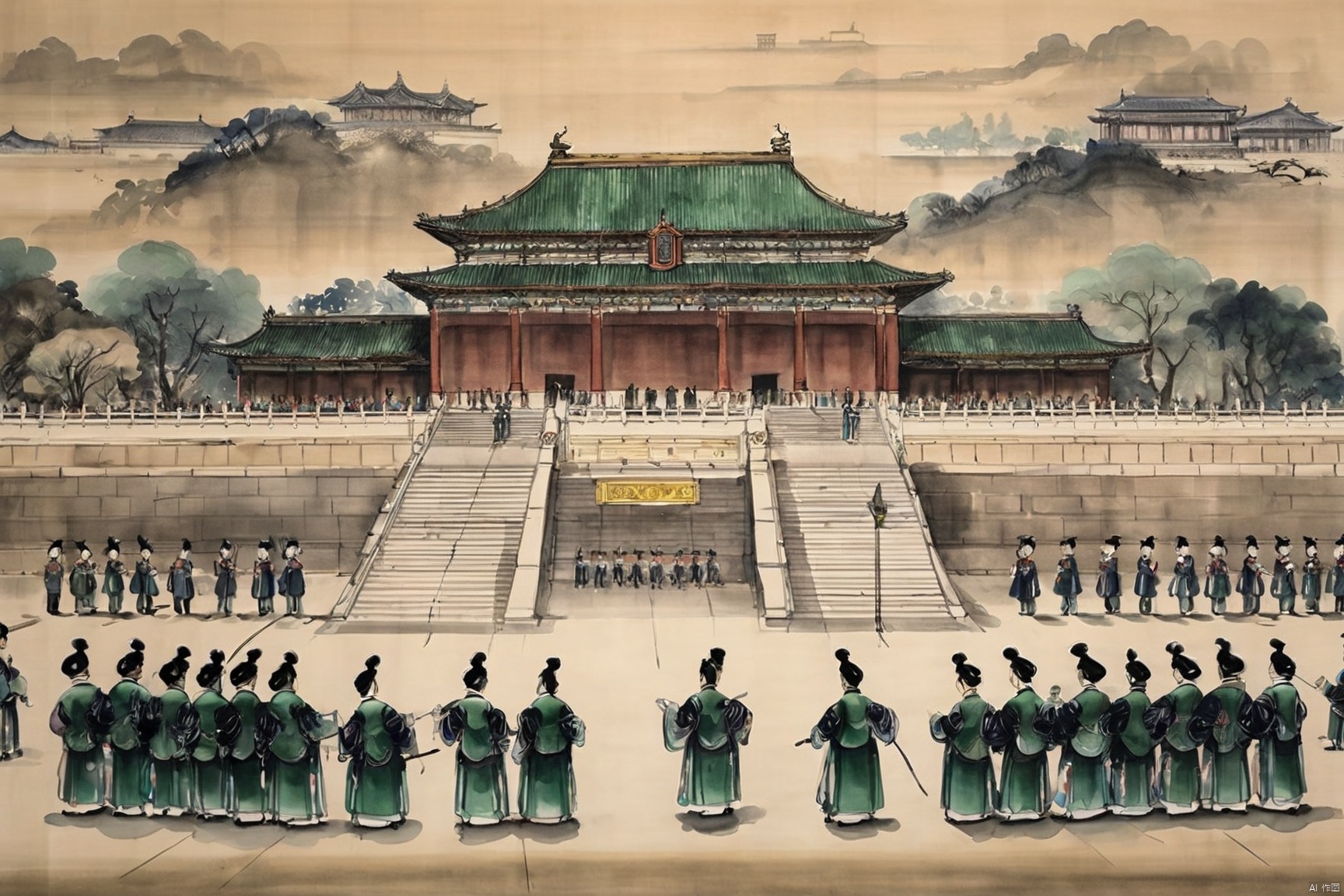 traditional chinese inkpainting,blackandwhiteinkpainting,the imperial palace, a hall of power, exudes its grandeur not only through its monumental architecture but also in the demeanor and atmosphere of the people within. The palace maids, dressed in splendid attire, glide gracefully along the corridors paved with green stone, their movements elegant and cautious, as if each step resonates with the heartbeat of history. The court officials, clad in their ceremonial robes, faces solemn, move through the towering palace walls and the resplendent halls, each bow a solemn act of reverence. The emperor, the sovereign of the nation, sits on his throne, his majesty as imposing as the palace itself, commanding respect and awe. Here, every breath is filled with ceremony, every glance exchanged brimming with veneration., traditional chinese ink painting