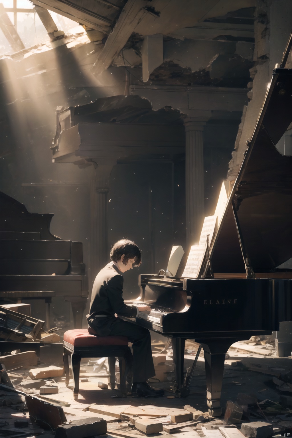 A musician plays the piano in a theater devastated by war, his music echoing through the empty hall, bringing the melody of life to this silent land. Sunlight streams through the shattered roof, falling on his keys, his music becoming a symbol of resilience amidst the ruins.