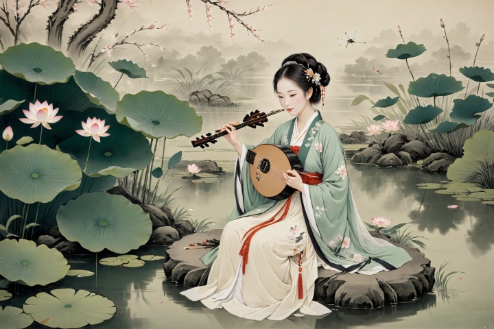 The woman, dressed in traditional Hanfu, sits on a green stone by the pond, gently strumming her biwa lute. The blooming lotus flowers and darting dragonflies complement the melodious notes of the pipa, creating a harmonious scene of movement and stillness., traditional chinese ink painting,black and white ink painting,willow branches