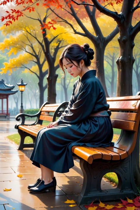 On a park bench, a young woman curls up, hugging her knees, with tears streaking her cheeks. The surrounding trees sway in the wind, and the fallen leaves appear particularly vibrant after the rain. Her silhouette on the bench is exceptionally lonely, as if the world is keeping its distance from her., traditional chinese ink painting