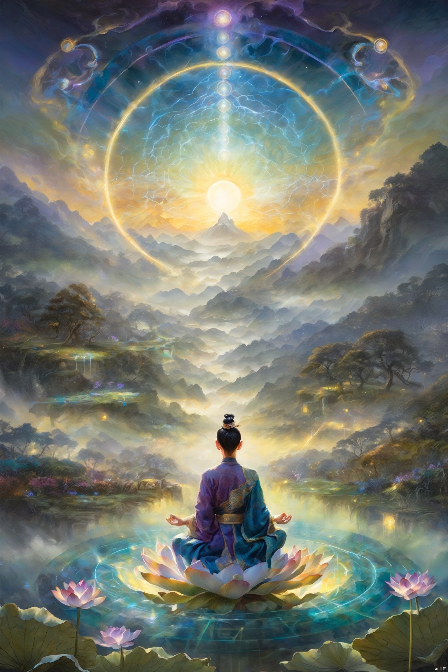  A cultivator in Daoist robes meditates in a valley, with three halos above, interwoven with golden, blue, and purple lights, radiating energy that symbolizes the union of essence, energy, and spirit. The backdrop is a misty landscape painting, with the halos' edges shimmering with a mystical glow, and lotus flowers and cranes adding to the transcendent atmosphere of cultivation.