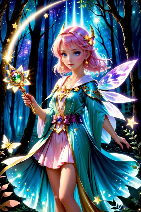 A magical girl stands amidst a mystical forest, her eyes gleaming with the light of the stars, as if she can peer into the secrets of magic. She is clad in a flowing magical robe, adorned with various enigmatic symbols that shimmer with a mysterious glow under the moonlight. In her hand, she holds a delicate wand, topped with a radiant gemstone that emits a soft light. Around her, a group of fairy-like creatures hover, seemingly awaiting her next magical command. The magical girl's face is filled with confidence and determination, ready to embrace the adventure that lies ahead.