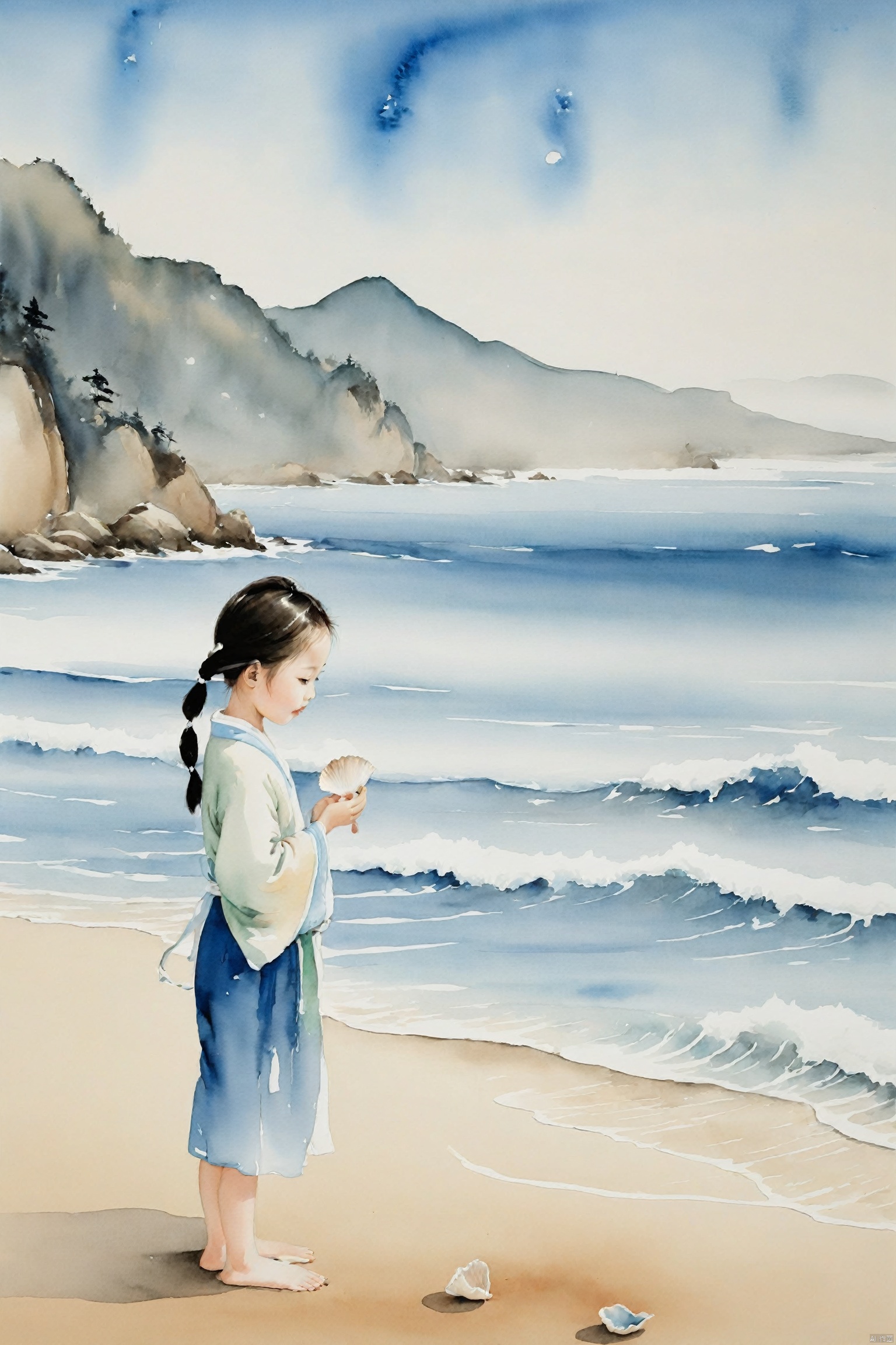  traditional chinese ink painting,A little lovely girl on the beach by the sea, holds a seashell in her hand, intently listening to the sound of the waves. Behind her is a vast expanse of blue ocean, with waves gently lapping the shore, creating a harmonious scene with the girl's tranquility.