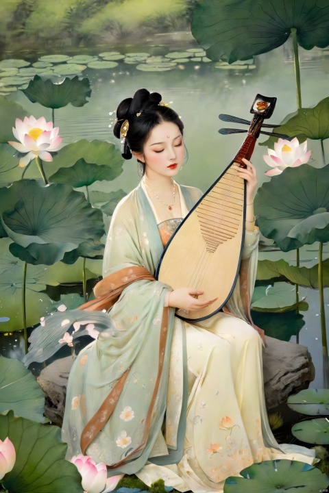 The woman, dressed in traditional Hanfu, sits on a green stone by the pond, gently strumming her biwa lute. The blooming lotus flowers and darting dragonflies complement the melodious notes of the pipa, creating a harmonious scene of movement and stillness.