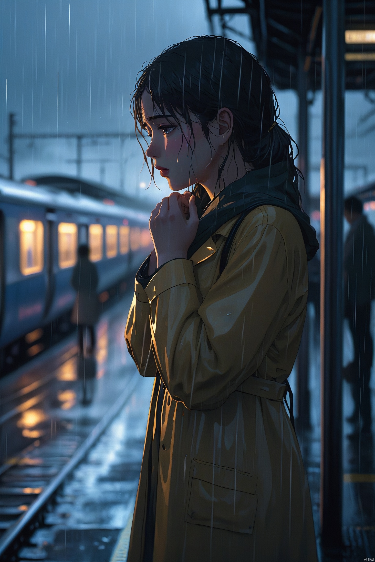 A young woman stands on a rain-soaked train platform, her tears mingling with the rain, blurring her features. Her gaze follows the departing train, her handkerchief clutched tightly as if suppressing deep sorrow. The platform lights appear particularly dim in the rain, and her silhouette is especially lonely under the glow.
