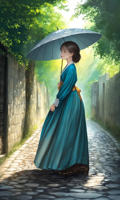  (masterpiece),(bestquality),[realistic,octanerender,3DCG],In a cobblestone alley, a woman dressed in a vintage-style long dress holds an antique parasol. Her steps are light, as if she has traveled through time to an era full of poetry. Sunlight filters through the gaps in the leaves, casting dappled shadows on her face, adding a touch of classical beauty to her profile.hanfu, hanfu
