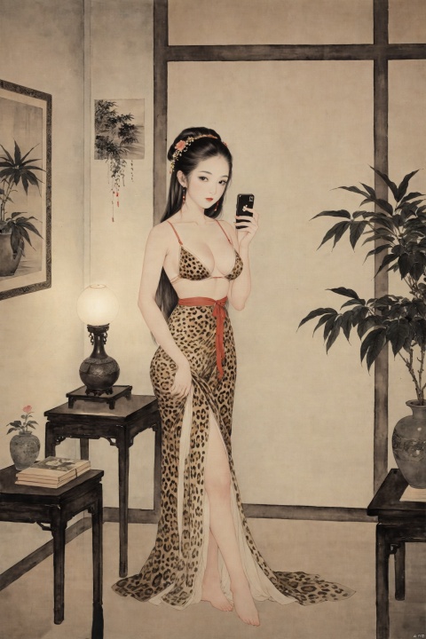  Faded Polaroid photo, medium shot, a girl in leopard print lingerie stands in a dimly lit room. Her gaze is flirtatious, her posture elegant, and her long hair casually draped. Her hand lightly rests on her waist, while the other holds a phone, as if capturing a daring selfie. The room's lights are dim and ethereal, casting a play of light and shadow on her that adds an air of mystery and sensuality to the scene., traditional chinese ink painting