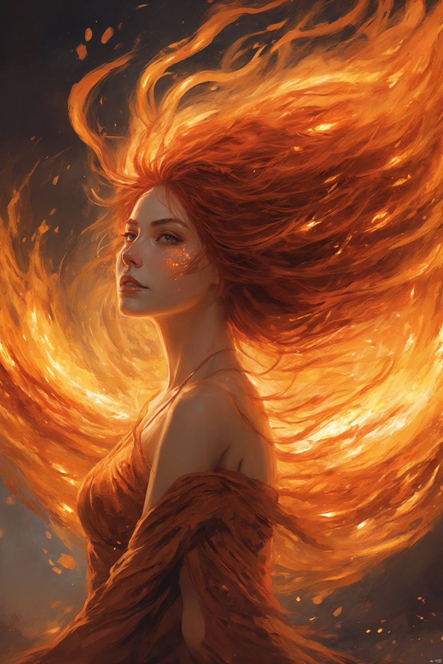  A fire spirit, her body a living flame, dances among the embers of a dying bonfire. Her hair is a cascade of fiery reds and oranges, and her eyes glow with the intensity of a thousand suns. The light from her very being illuminates the night, casting a warm, flickering glow on the surrounding landscape.