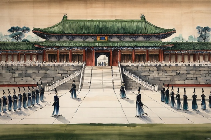 traditional chinese inkpainting,blackandwhiteinkpainting,the imperial palace, a hall of power, exudes its grandeur not only through its monumental architecture but also in the demeanor and atmosphere of the people within. The palace maids, dressed in splendid attire, glide gracefully along the corridors paved with green stone, their movements elegant and cautious, as if each step resonates with the heartbeat of history. The court officials, clad in their ceremonial robes, faces solemn, move through the towering palace walls and the resplendent halls, each bow a solemn act of reverence. The emperor, the sovereign of the nation, sits on his throne, his majesty as imposing as the palace itself, commanding respect and awe. Here, every breath is filled with ceremony, every glance exchanged brimming with veneration., traditional chinese ink painting