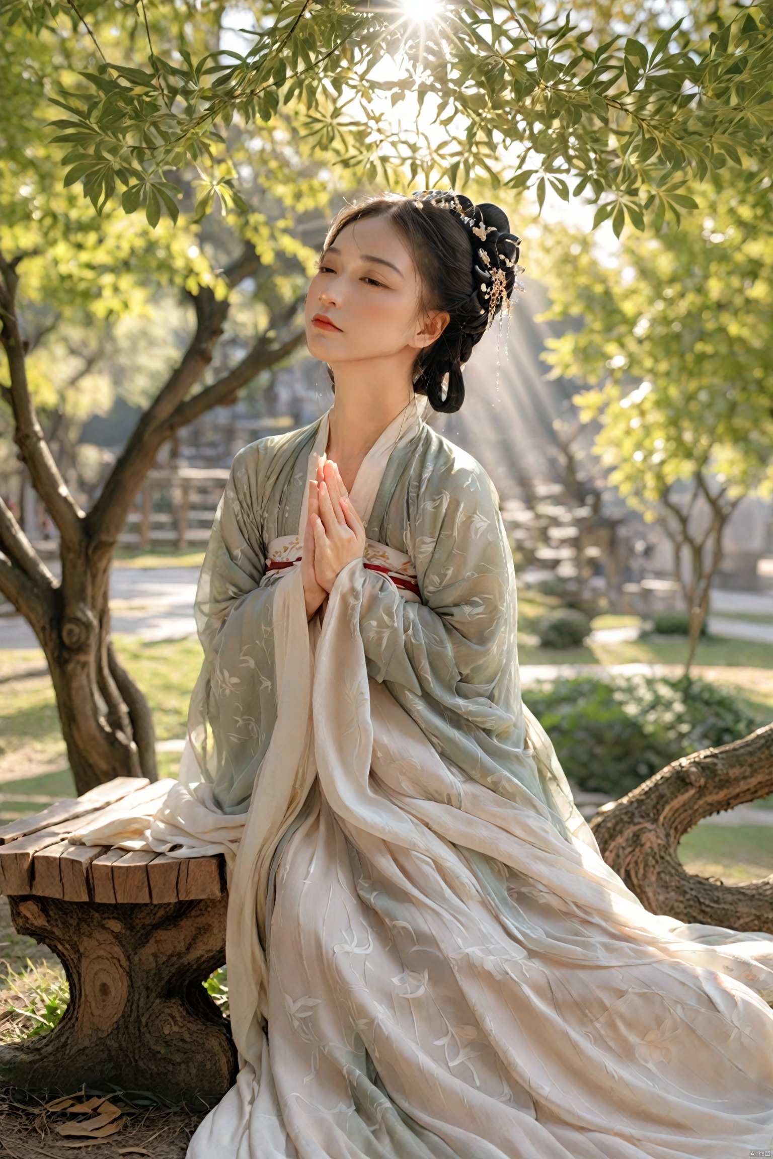 A woman in Hanfu sits on a wooden bench under an ancient tree, the leaves casting dappled shadows on her face. The sun filters through the branches, creating a pattern of light and shade that plays across her serene expression. She is lost in thought, her hands folded in her lap, as if contemplating the wisdom of the centuries-old tree.