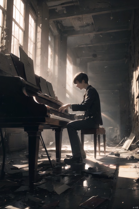 A musician plays the piano in a theater devastated by war, his music echoing through the empty hall, bringing the melody of life to this silent land. Sunlight streams through the shattered roof, falling on his keys, his music becoming a symbol of resilience amidst the ruins.