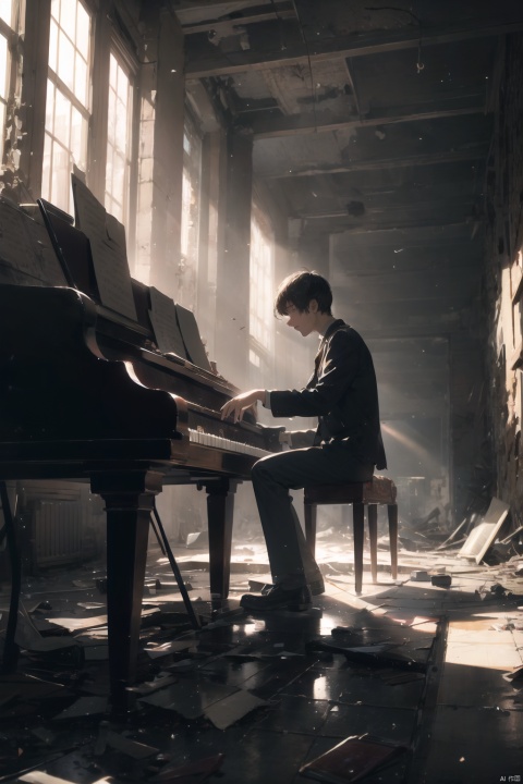 A musician plays the piano in a theater devastated by war, his music echoing through the empty hall, bringing the melody of life to this silent land. Sunlight streams through the shattered roof, falling on his keys, his music becoming a symbol of resilience amidst the ruins.