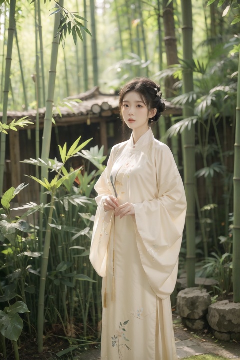 A young woman in traditional Hanfu stands quietly amidst the bamboo forest, her figure appearing particularly elegant in the tranquility of the bamboo grove. The bamboo stalks are tall and straight, their leaves rustling gently in the breeze, as if whispering secrets. Sunlight filters through the gaps in the leaves, casting dappled shadows on the woman. Deep within the bamboo grove, a golden lightning bolt streaks across, adding a touch of mystery and vitality to this serene landscape., hanfu, 1girl