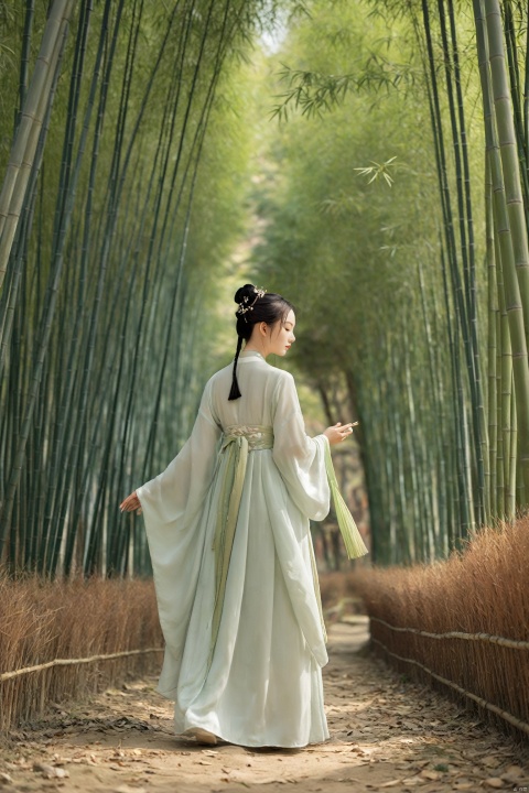 hanfu,A young Chinese woman walks through a bamboo forest, the sunlight filtering through the slender stalks, casting dappled shadows on the ground. The forest is alive with the sound of rustling leaves and the occasional chirp of a bird. She moves with a sense of calm, her presence blending harmoniously with the natural surroundings. The scene is a peaceful exploration, a moment of connection with the natural world.