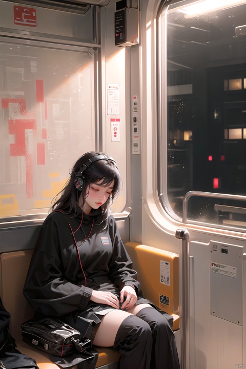  A Chinese girl leans against the door of a train, her eyes closed as she listens to music through her headphones. The train is passing through a city at night, and the city lights flicker in the window behind her. Her face is serene, a contrast to the bustling world outside. The scene captures a moment of personal tranquility amidst the urban chaos.