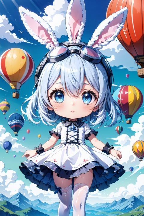  tutututu,As the hot air balloon gently rises, the chibi  girl wears a rabbit ear hat and goggles, the red flowers on her white dress vibrant against the wind at altitude. She overlooks the world below, clutching the balloon's ropes, her eyes sparkling with the thrill of adventure.,wrist cuffs